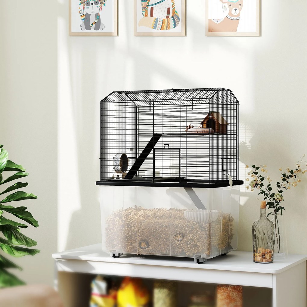 Gaiola para hamsters e roedores de 3 andares 57 x 43 x 74 cm, com rodas, plataforma e escada em arame de aço, preta