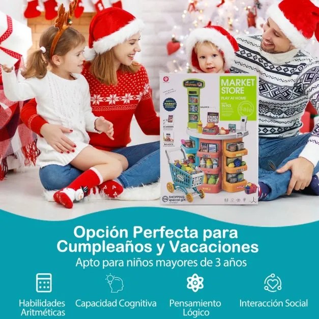 Conjunto de supermercado para crianças com carrinho de compras, balança e scanner com luz e som, 76 peças de alimentos e acessórios, jogo de encenação