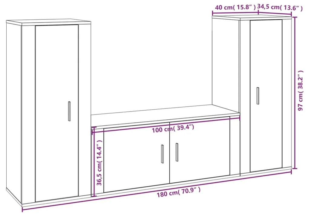 3 pcs conjunto móveis de TV madeira processada branco brilhante