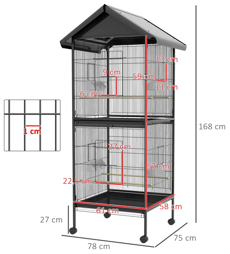 Gaiola para Pássaros Convertível em Somente Uma com Rodas 4 Comedouros e 4 Poleiros e Bandejas Amovíveis 78x75x168 cm Preto