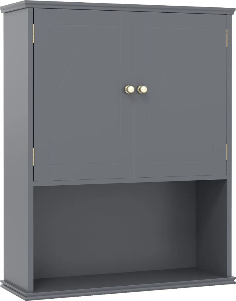 Armário de casa de banho de Parede 60 x 21 x 75 cm com 2 Portas com Prateleira Aberta e Ajustável Cinza