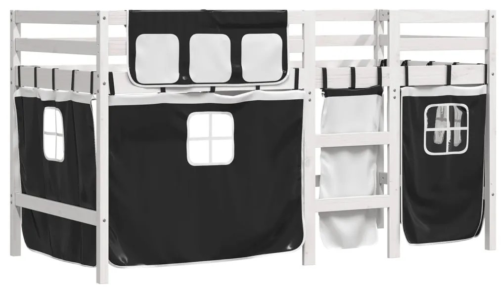 Cama alta criança c/ cortina 90x190cm pinho maciço branco/preto