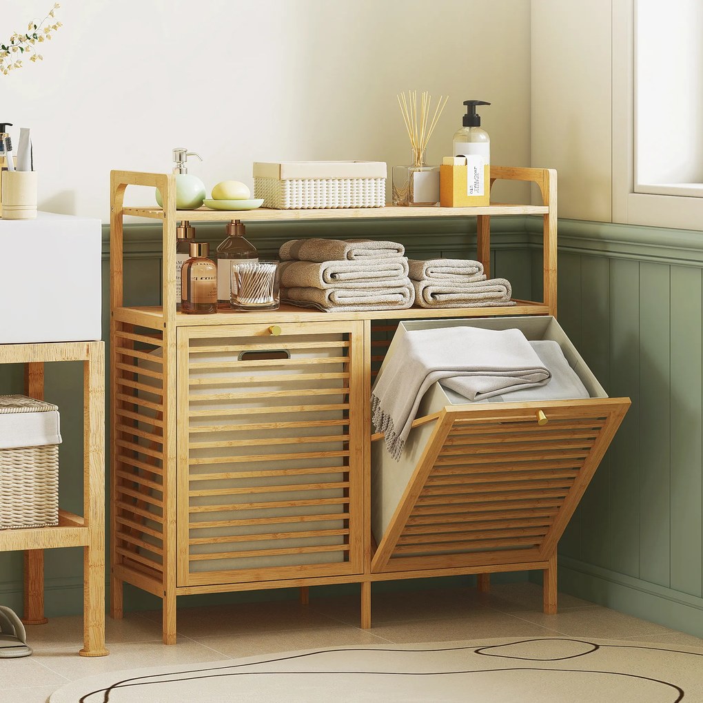 Móvel de casa de banho em bambu, armário de casa de banho com 2 cestos para roupa suja e 2 prateleiras, 82 x 33 x 88 cm, madeira natural