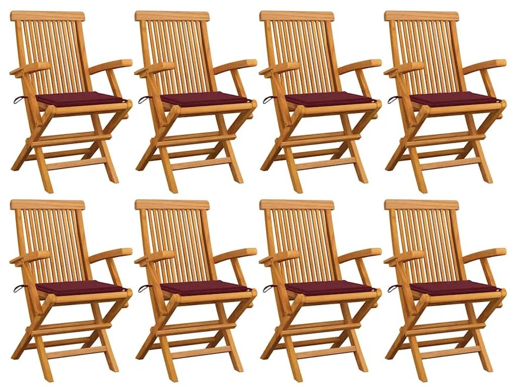 Cadeiras jardim c/ almofadões vermelho tinto 8 pcs teca maciça