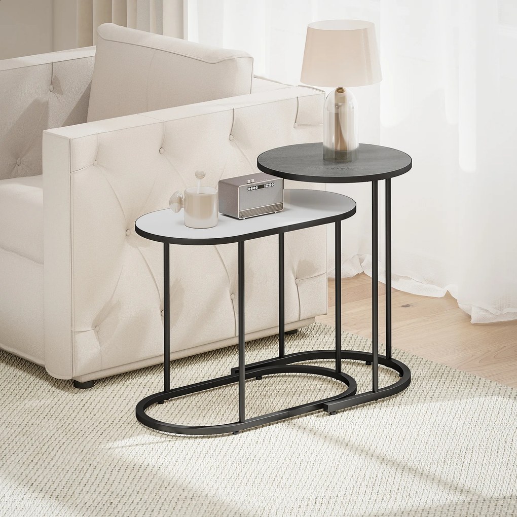 Conjunto de 2 mesas baixas encaixáveis, mesas auxiliares empilháveis de estilo contemporâneo, estrutura em metal cinzento e branco