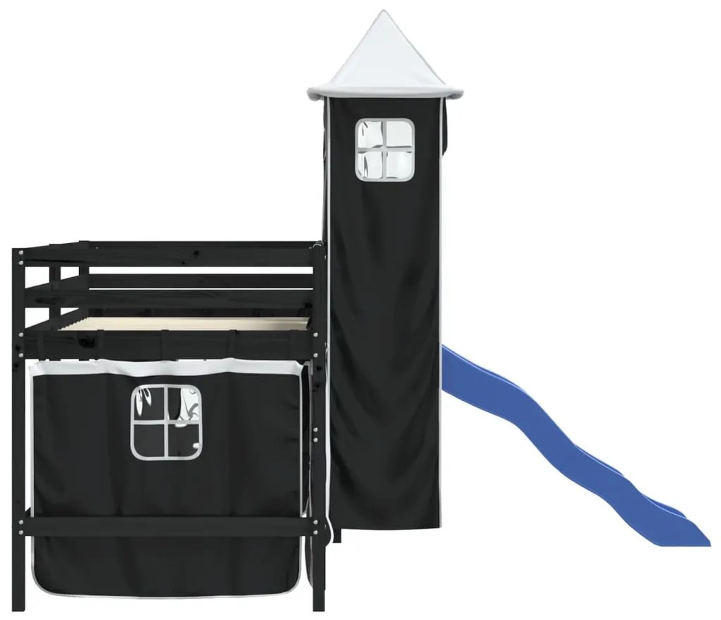 Cama alta criança c/ torre 90x190 cm pinho maciço branco/preto