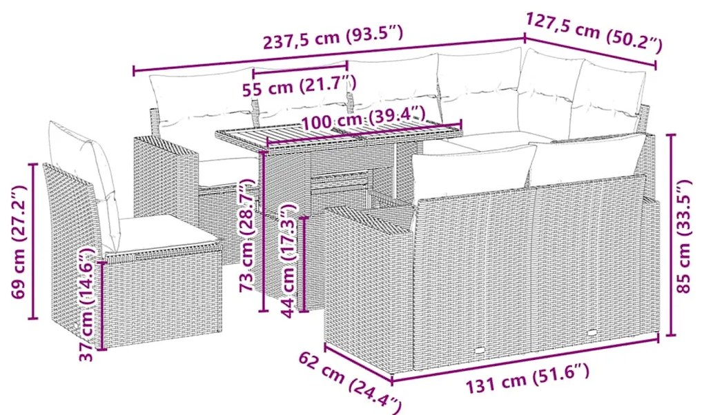 9 pcs conjunto de sofás p/ jardim com almofadões vime PE bege