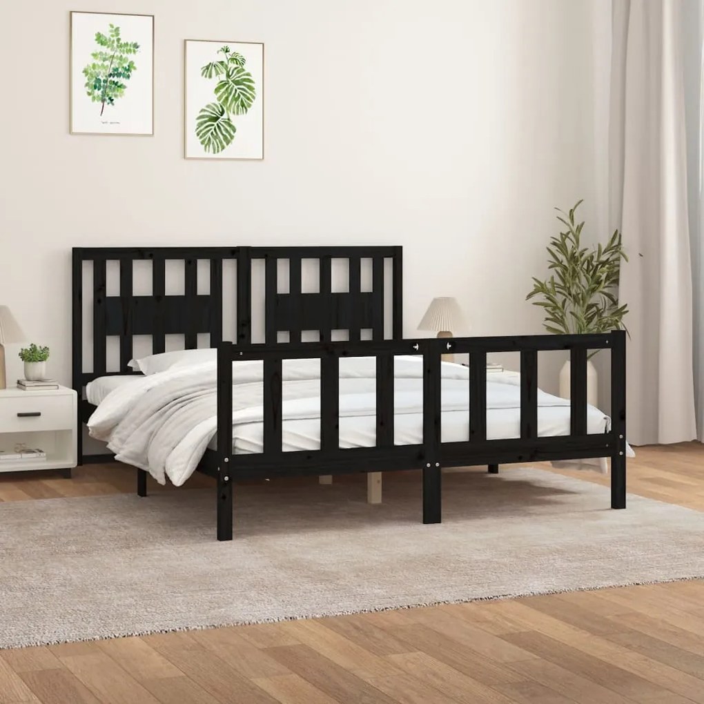 vidaXL Estrutura cama casal c/ cabeceira 150x200 cm pinho maciço preto