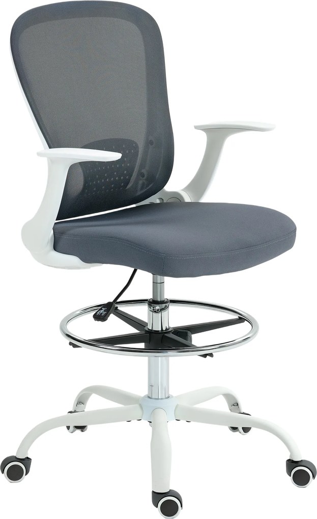 Cadeira de escritório ergonómica com apoio para os pés ajustável e braços rebatíveis, altura regulável, 59 x 62 x 99-119 cm, cinzenta