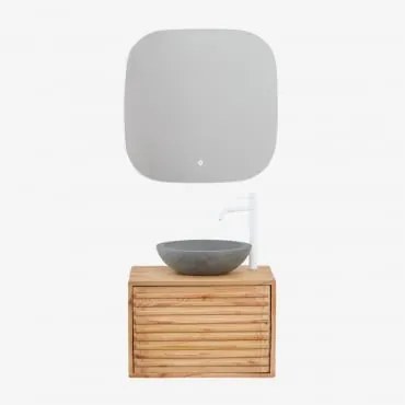 Conjunto De Móveis De Banheiro De Madeira Suspensos Deleyna Madeira Natural & Cimento Cinzento Redondo Ø40 Cm Tarsis & Quadrado - Sklum
