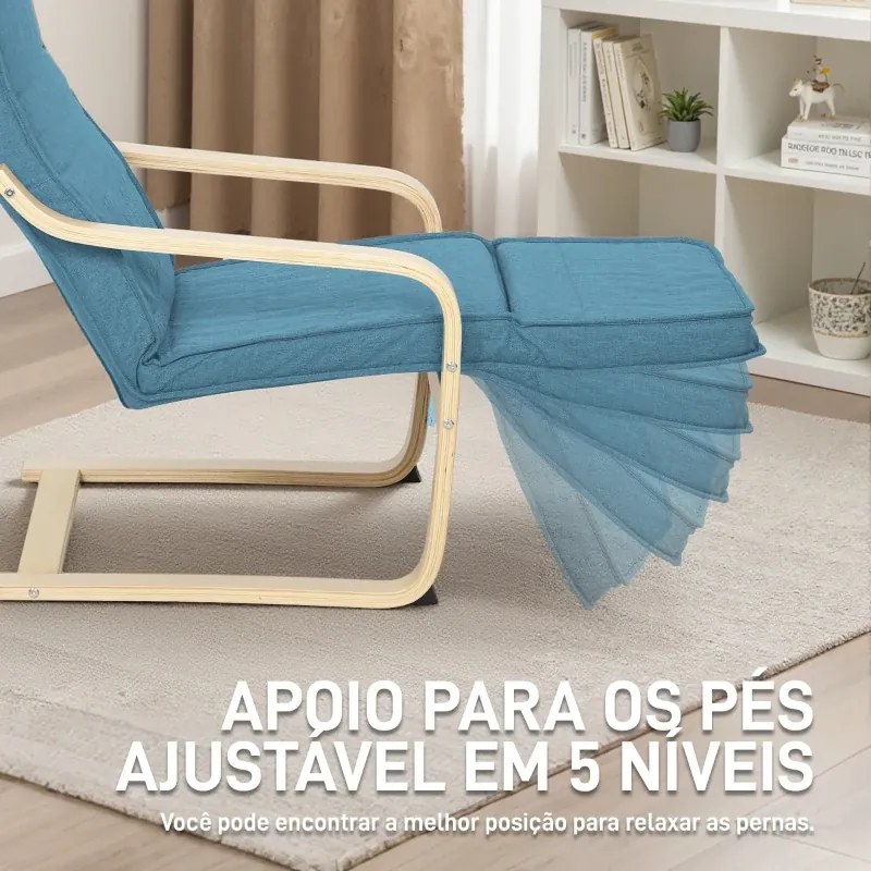Poltrona Relax com Apoio para os Pés Ajustáveis Poltrona Estofada em Tecido com Estrutura de Madeira 66,5x94x100 cm Azul