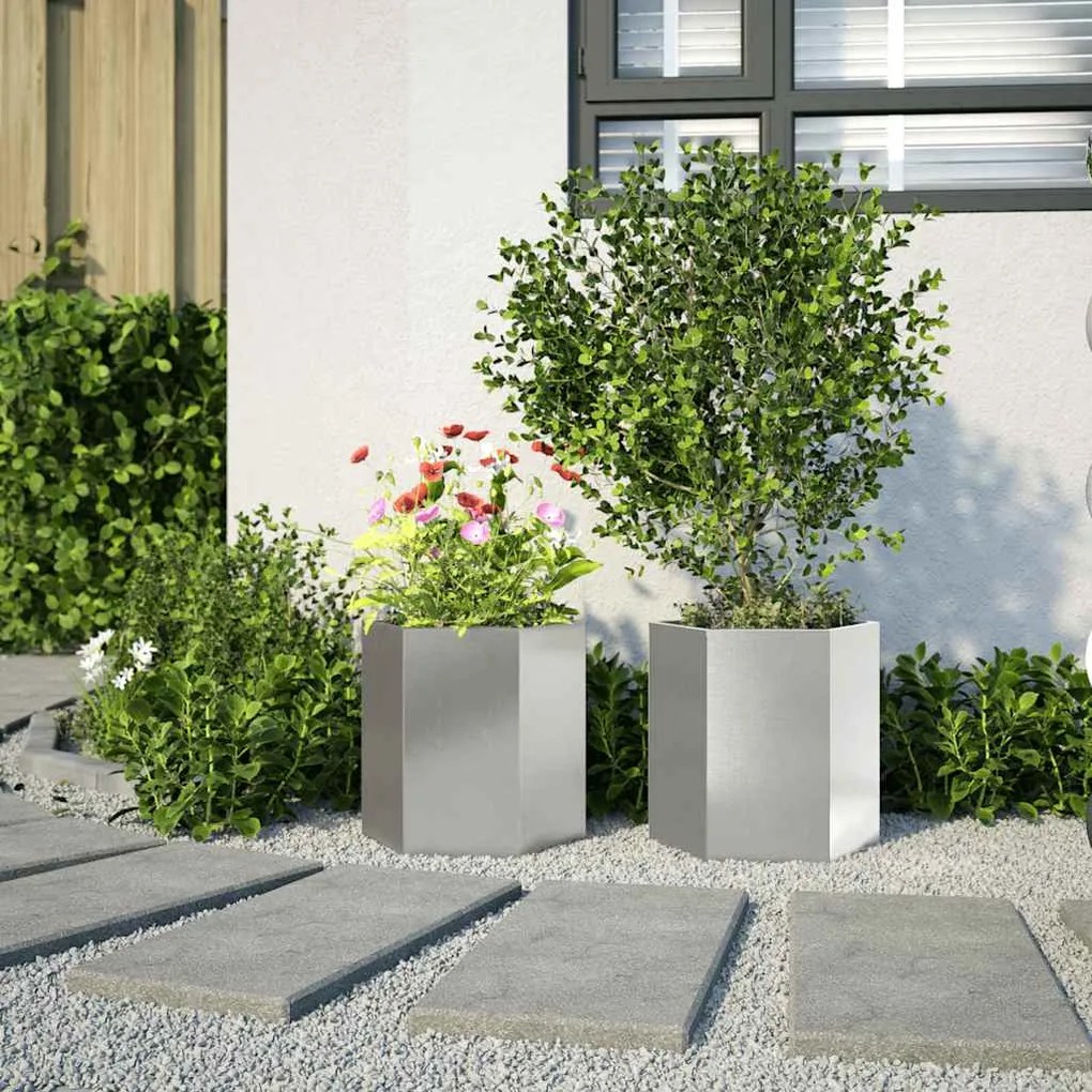 Vasos floreiras de jardim 2 pcs hexagonal 46x40x45 cm aço inox.