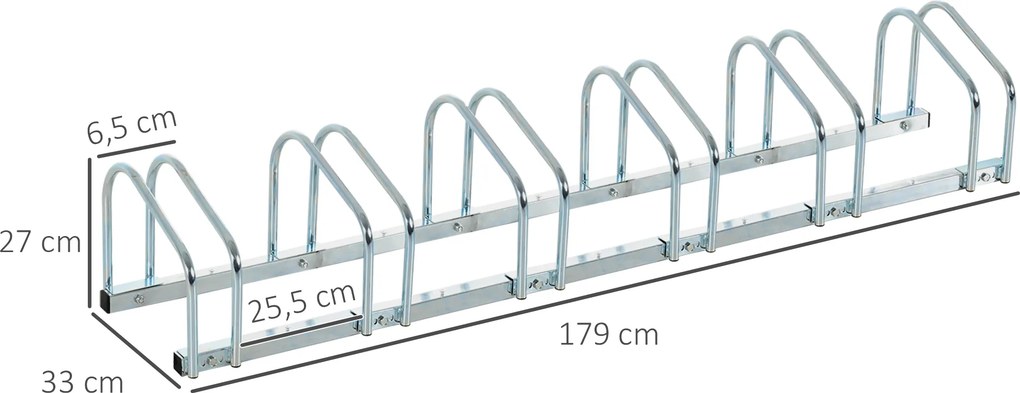 Estacionamento para 6 Bicicletas Suporte de Aço para Estacionar Bicicletas no Chão para Interior e Exterior 179x33x27 cm Prata