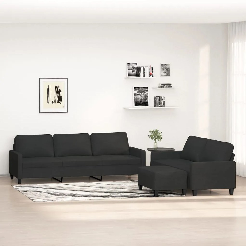 vidaXL 3 pcs conjunto de sofás com almofadões tecido preto