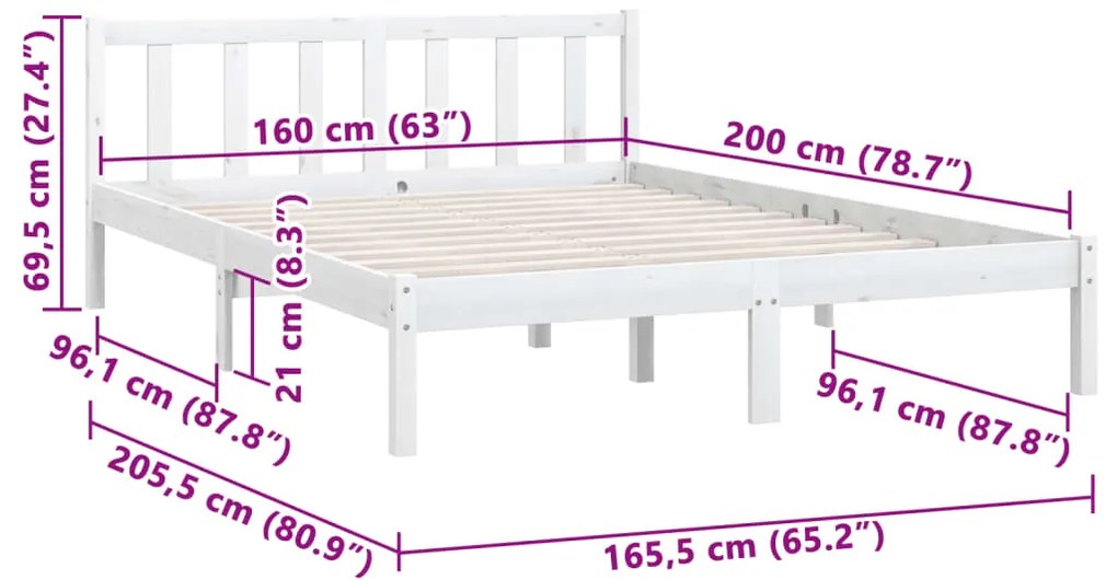 Estrutura de cama em pinho maciço 160x200 cm branco