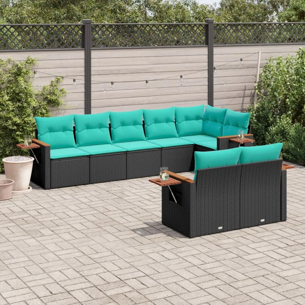 8 pcs conjunto de sofás p/ jardim c/ almofadões vime PE preto