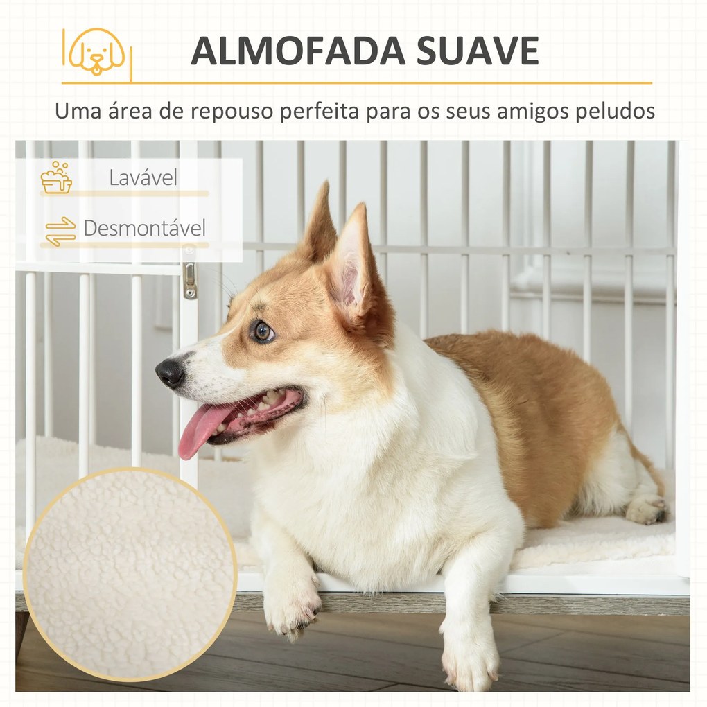 Gaiola para Cães de Madeira 86x60x70cm Gaiola para Cães com Bancada de Armazenamento Porta com Trave Pés Elevados Grade de Aço Branca