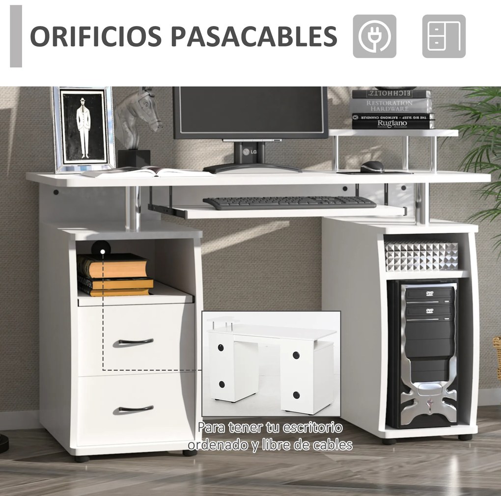 HOMCOM Secretária para computador Mesa para PC com prateleiras múltiplas Bandeja de teclado Suporte para CPU e 2 gavetas 120x55x85 cm branco