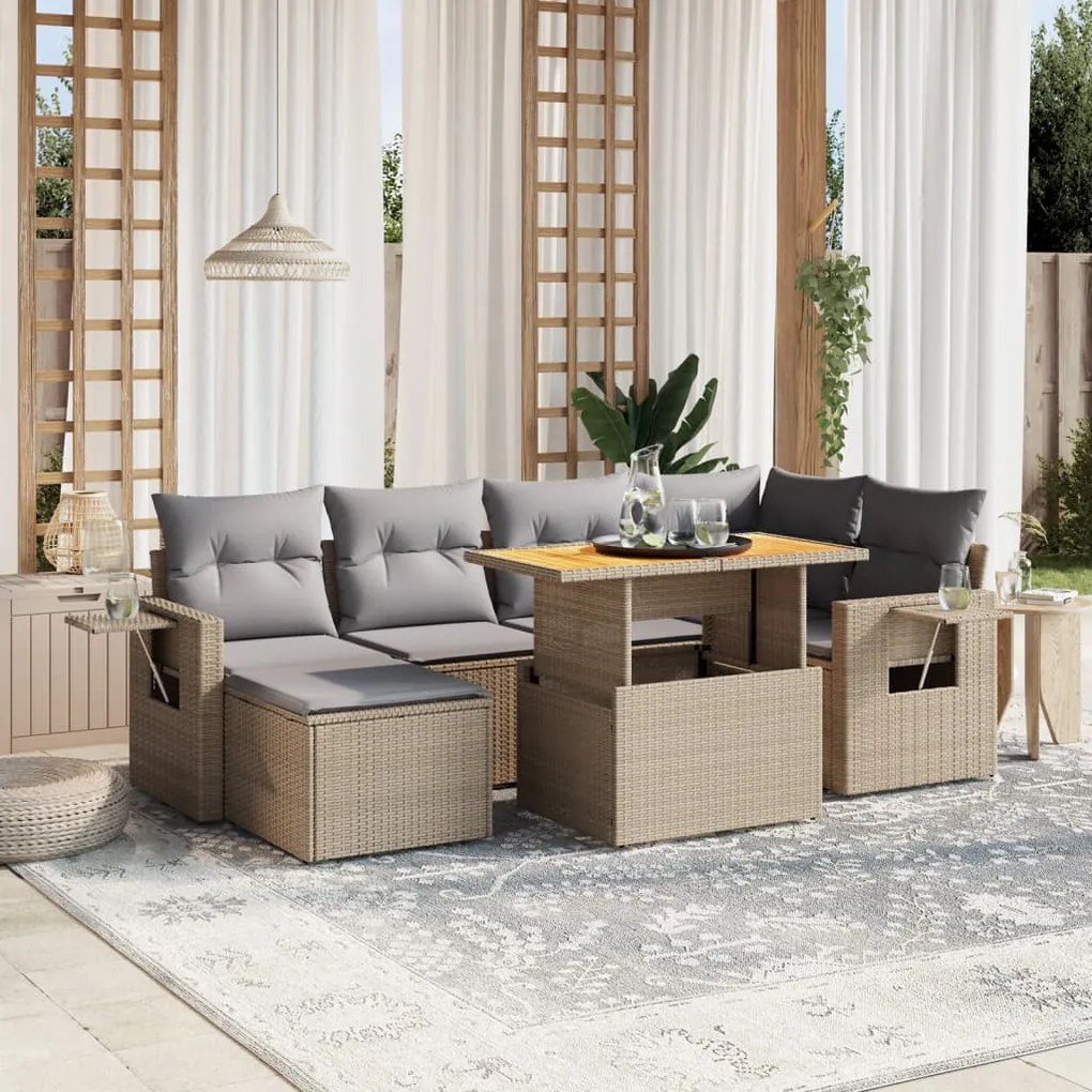 7 pcs conjunto de sofás p/ jardim com almofadões vime PE bege