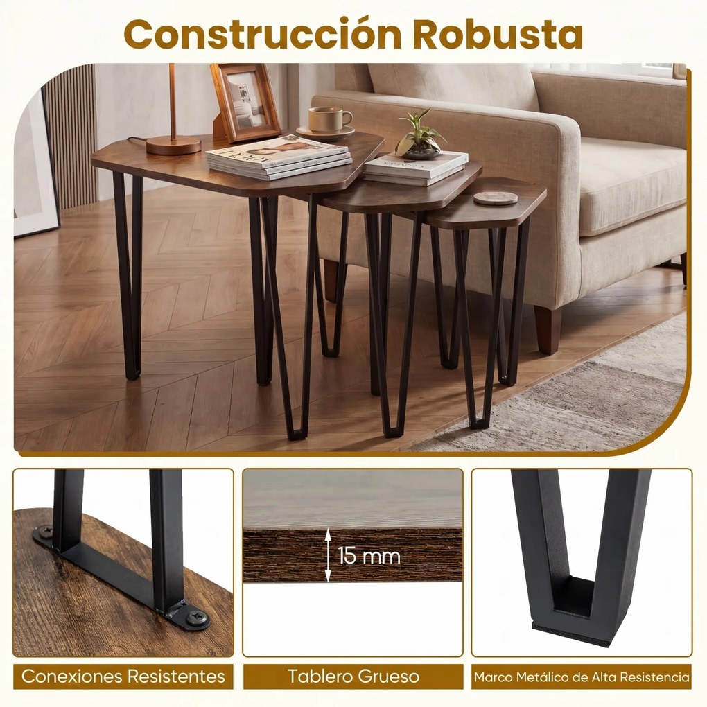 Conjunto de 3 Mesas de Centro Empilháveis, 58,5 x 52,5 x 45,5 cm, Estrutura Metálica, Castanho