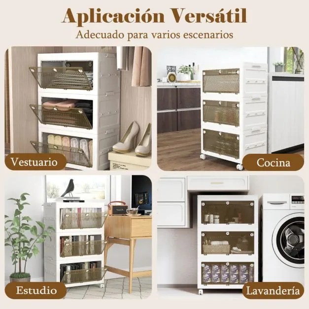 Caixas de arrumação de plástico 126L empilháveis de 3 níveis Dobráveis com tampa com Rodas Branco