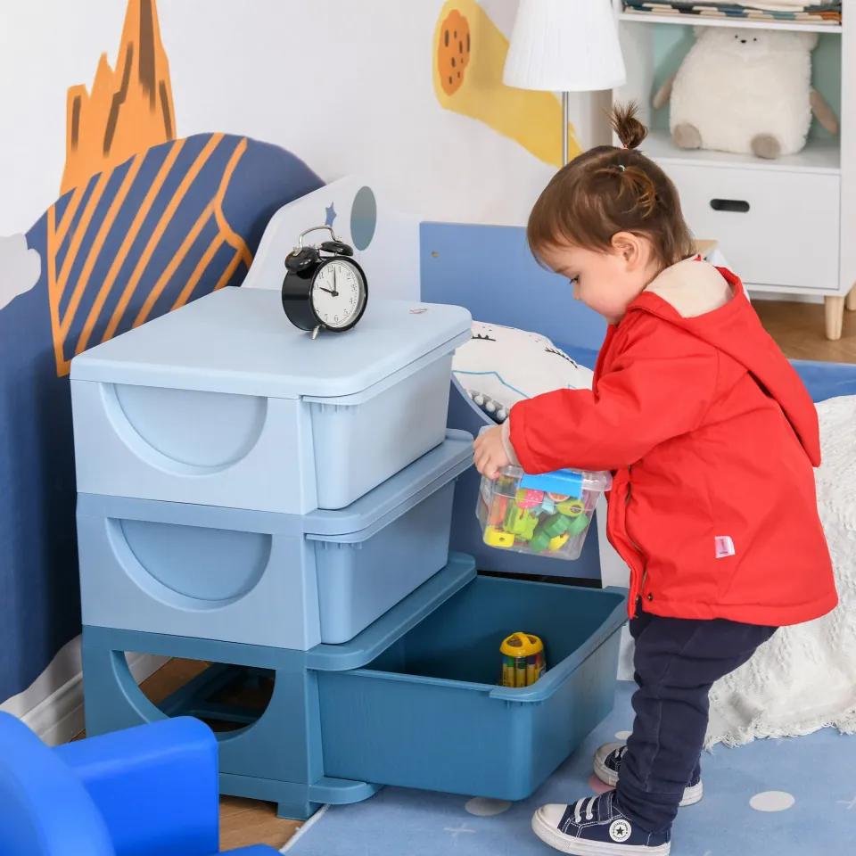 HOMCOM Organizador de Brinquedos Infantil para crianças acima de 3 anos com 3 Gavetas e Alças amplo espaço de armazenamento para Roupas Livros brinquedos 37x37x56,5 cm Azul