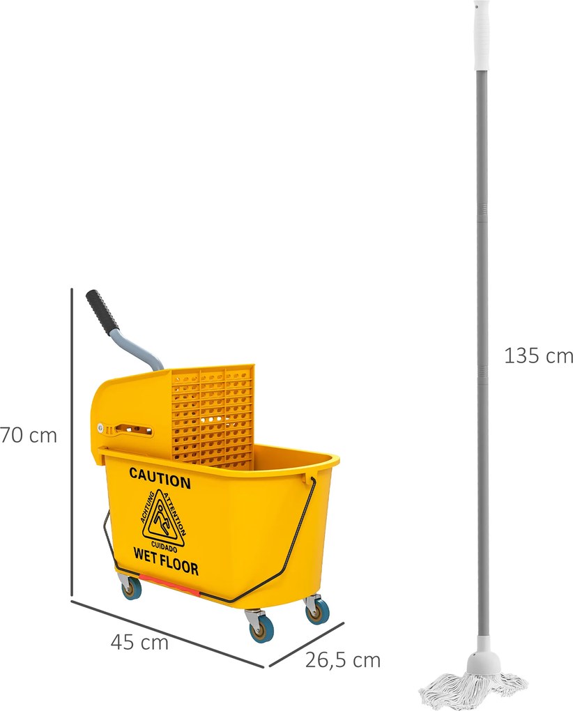 Carrinho de limpeza com esfregona lateral, balde de 20 L, pega e esfregona, 45 x 26,5 x 70 cm, amarelo