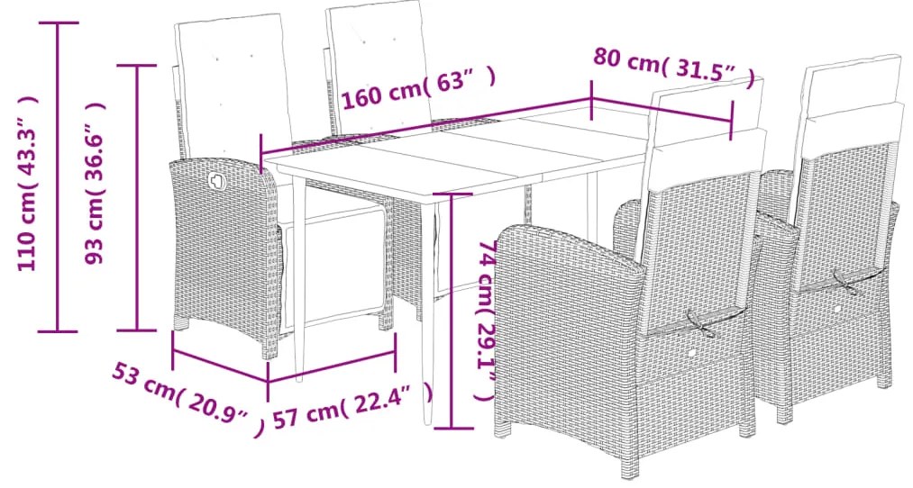 5 pcs conjunto de jantar p/ jardim c/ almofadões vime PE preto