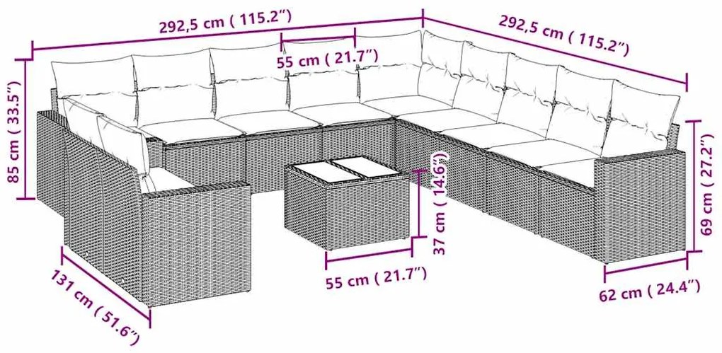 12 pcs conj. sofás jardim com almofadões vime PE cinzento-claro