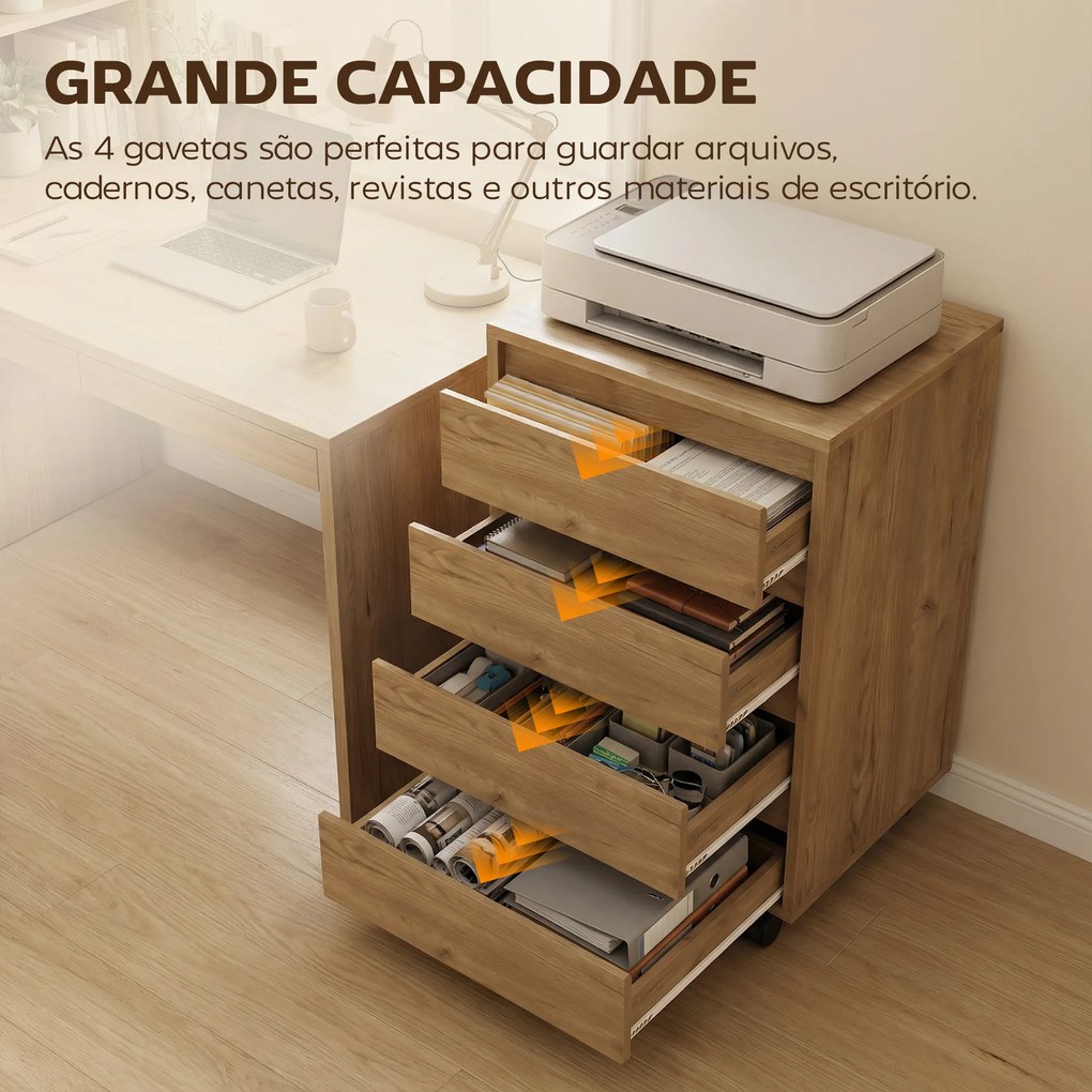 Bloco de Gavetas de Escritório com 4 Gavetas Rodas para Escritório 46x40x65 cm Castanho