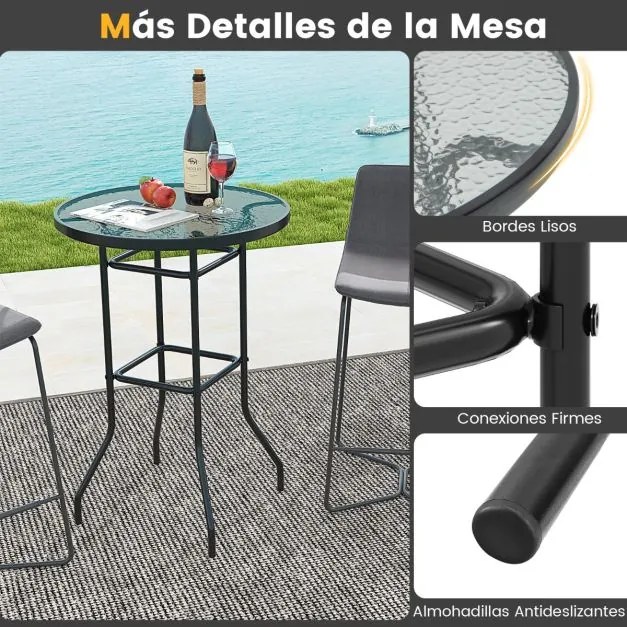 Mesa de Bar de jardim redonda com tampo de vidro temperado e estrutura metálica resistente a cargas de 50 kg 68 x 68 x 97 cm