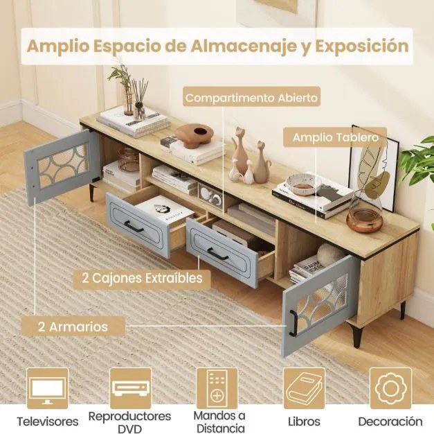Móvel para TV de até 80 polegadas 180,5 x 35 x 46 cm com 2 gavetas, 2 compartimentos com porta e prateleira para sala de estar Natural