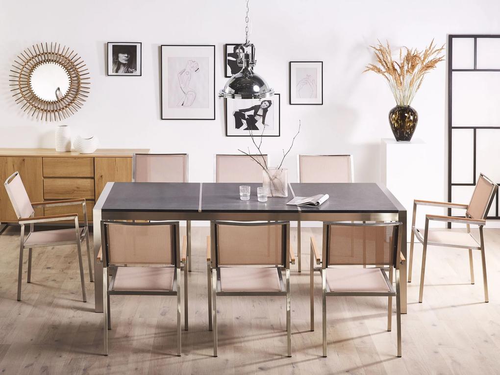 Conjunto de mesa com tampo triplo granito flameado preto 220 x 100 cm e 8 cadeiras creme GROSSETO Beliani