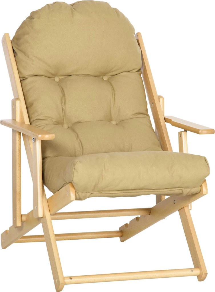 Poltrona de sala dobrável e reclinável em madeira com almofada acolchoada espessa - 71 x 89 x 96 cm, castanho claro
