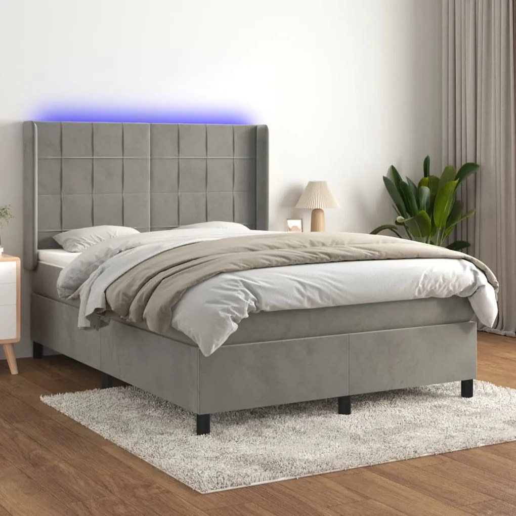 Cama box spring c/ colchão/LED 140x200 cm veludo cinzento-claro