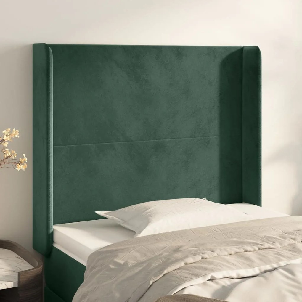 Cabeceira cama c/ abas veludo 83x16x118/128 cm verde-escuro