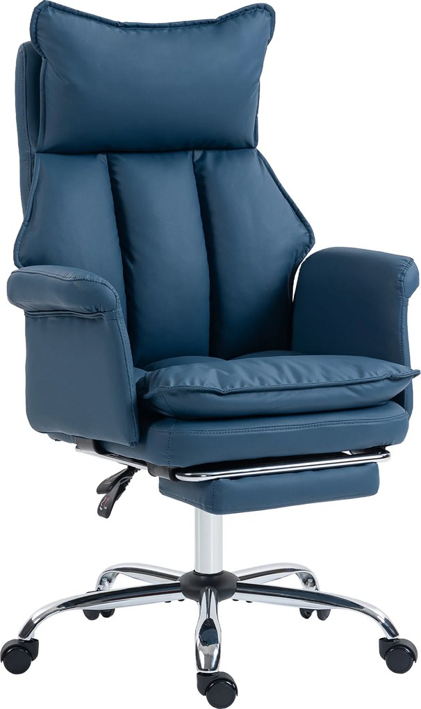HOMCOM Cadeira Ergonômica de Secretária com Apoio para os Pés Encosto Reclinável Estofada em Couro Sintético 69x65x108-116 cm Azul | Aosom Portugal