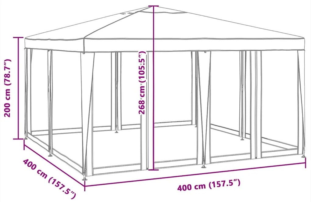 Tenda p/ festas c/ 8 paredes laterais malha 4x4 m PEAD branco