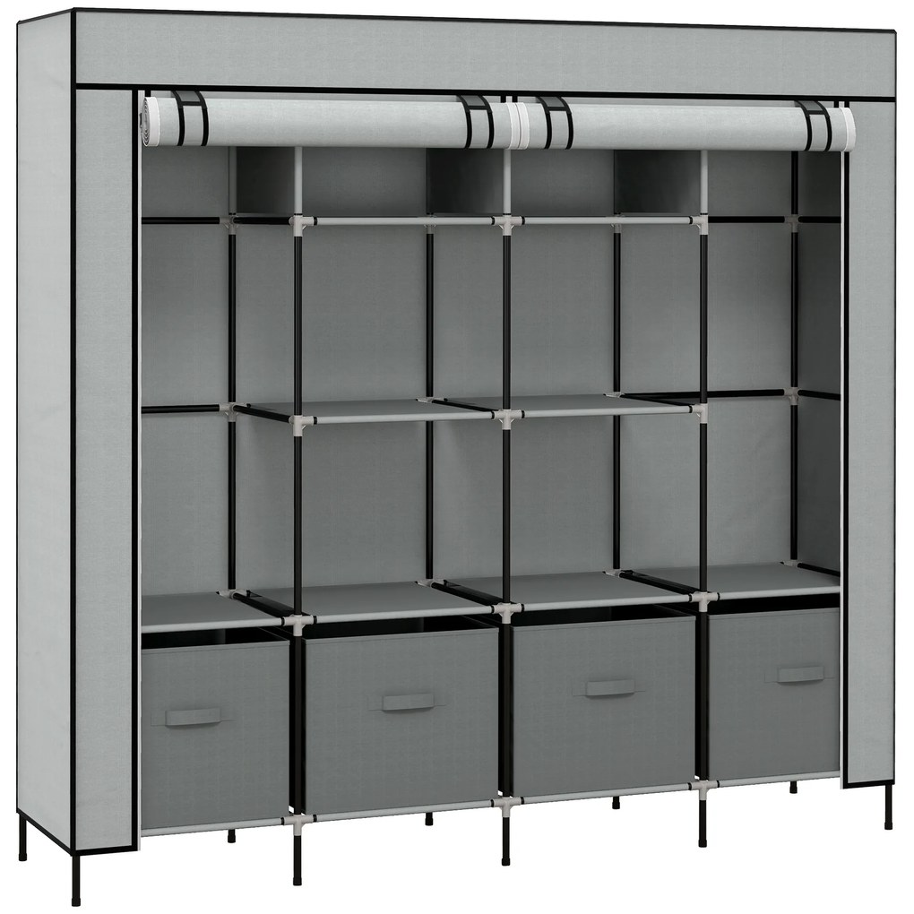 HOMCOM Roupeiro de Tecido com 10 Compartimentos 2 Trilhos Suspensos e 4 Gavetas de Tecido 166x42,5x169,5 cm Cinza Escuro | Aosom Portugal