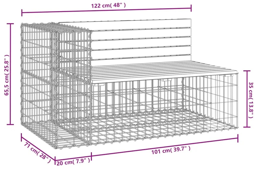 Banco jardim design gabião 122x71x65,5cm madeira douglas maciça
