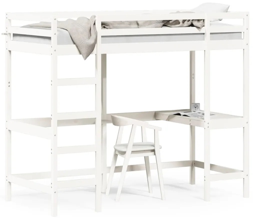 vidaXL Cama alta c/ secretária 100x200 cm pinho maciço branco