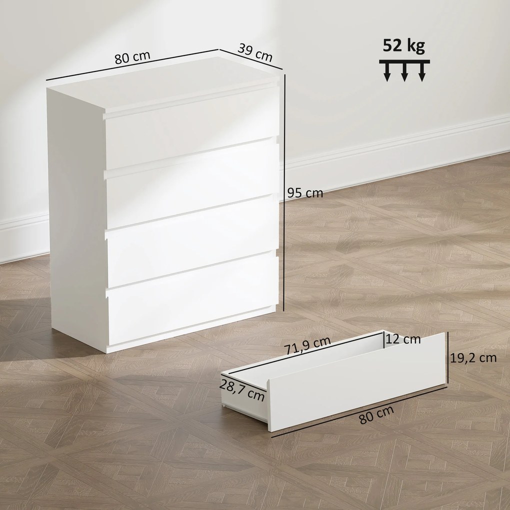 Cómoda com 4 gavetas 80 x 39 x 95 cm,, móvel de arrumação de linhas simples para o quarto, interior, em aglomerado branco