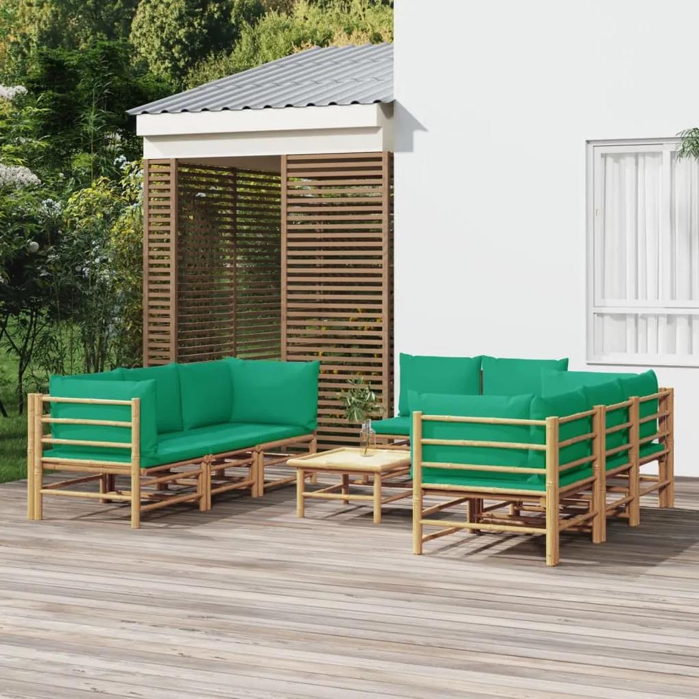 9 pcs conjunto lounge de jardim bambu c/ almofadões verdes