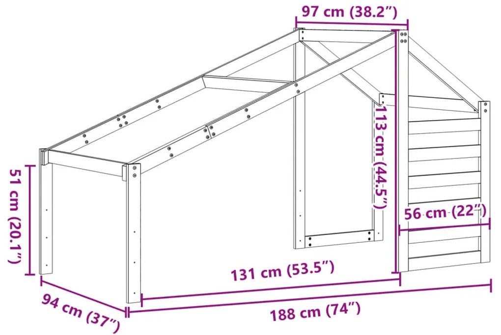 Telhado de cama infantil 188x97x113cm pinho maciço castanho-mel