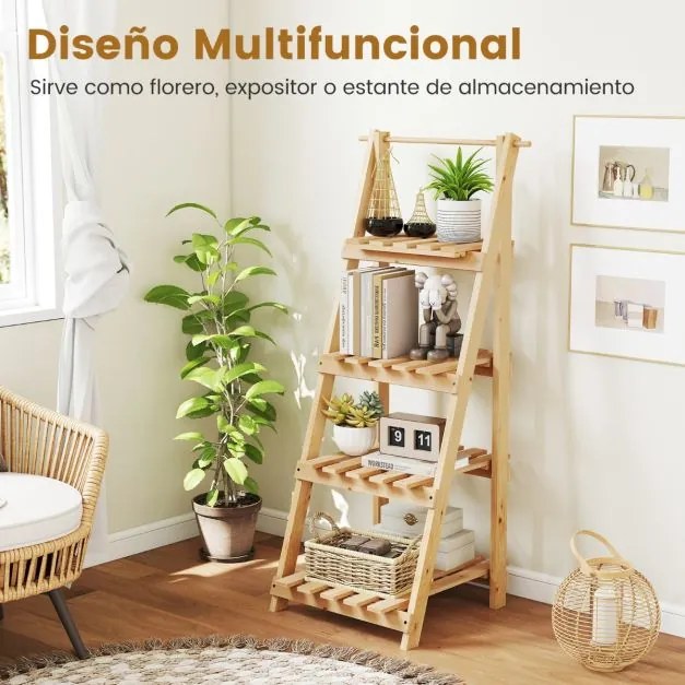 Suporte para plantas 28 x 52 x 109 cm de madeira de abeto de 4 prateleiras Natural