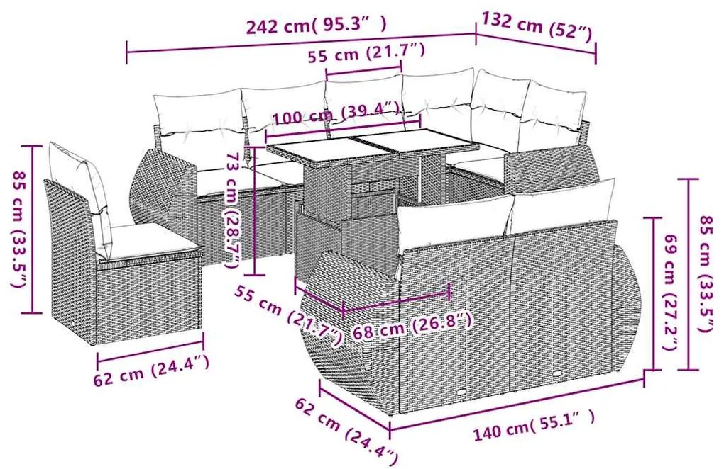 9 pcs conjunto de sofás p/ jardim com almofadões vime PE bege