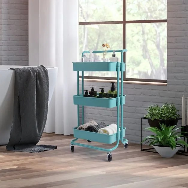 Carrinho de Cozinha com 4 Rodas Universais Carga 60 kg e 3 Cestos de ABS Antioxidante 42 x 35,5 x 86 cm Verde