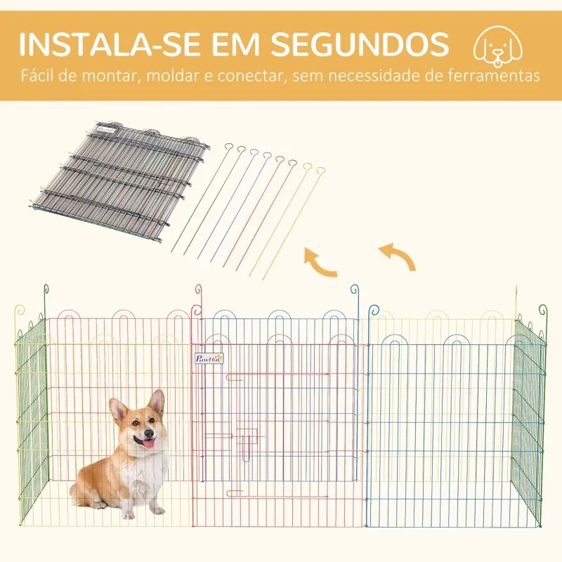 Parque Dobrável para Cães 8 Painéis Ø156x60 cm Cercado Metálico com Porta Estacas Interior Exterior Multicolor
