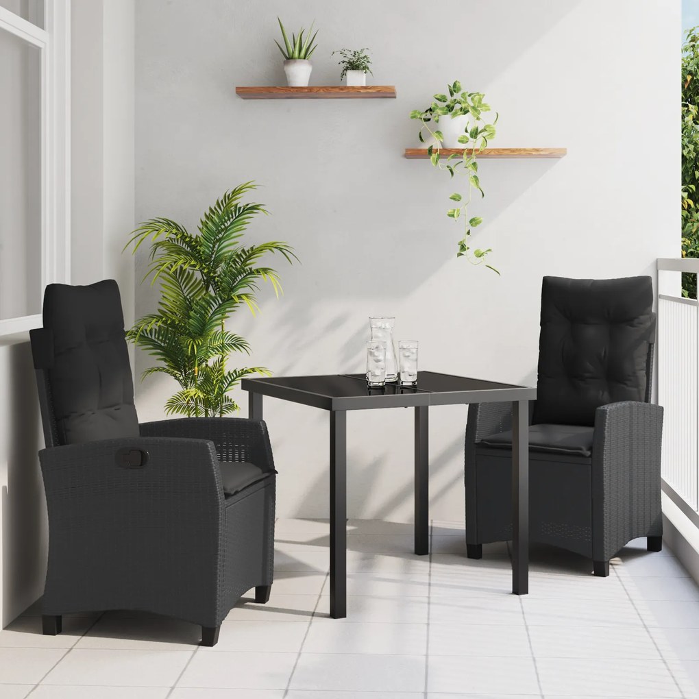 vidaXL Conjunto de Jantar de Jardim 3 Peças com Almofadas - Rattan Sintético Preto