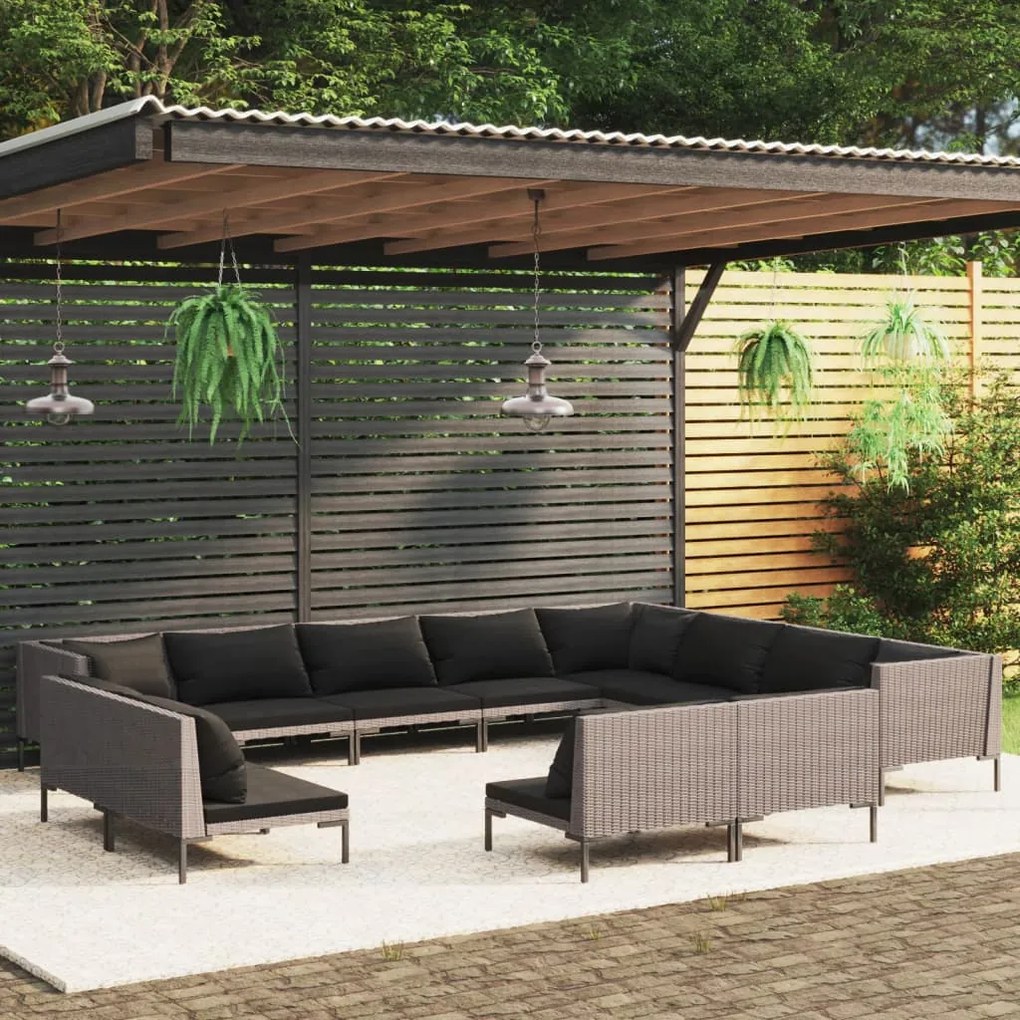 vidaXL 12 pcs conj. lounge jardim c/ almofadões vime PE cinza-escuro